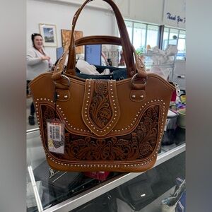 Montana West Tooling Studded Handbag (Brown)